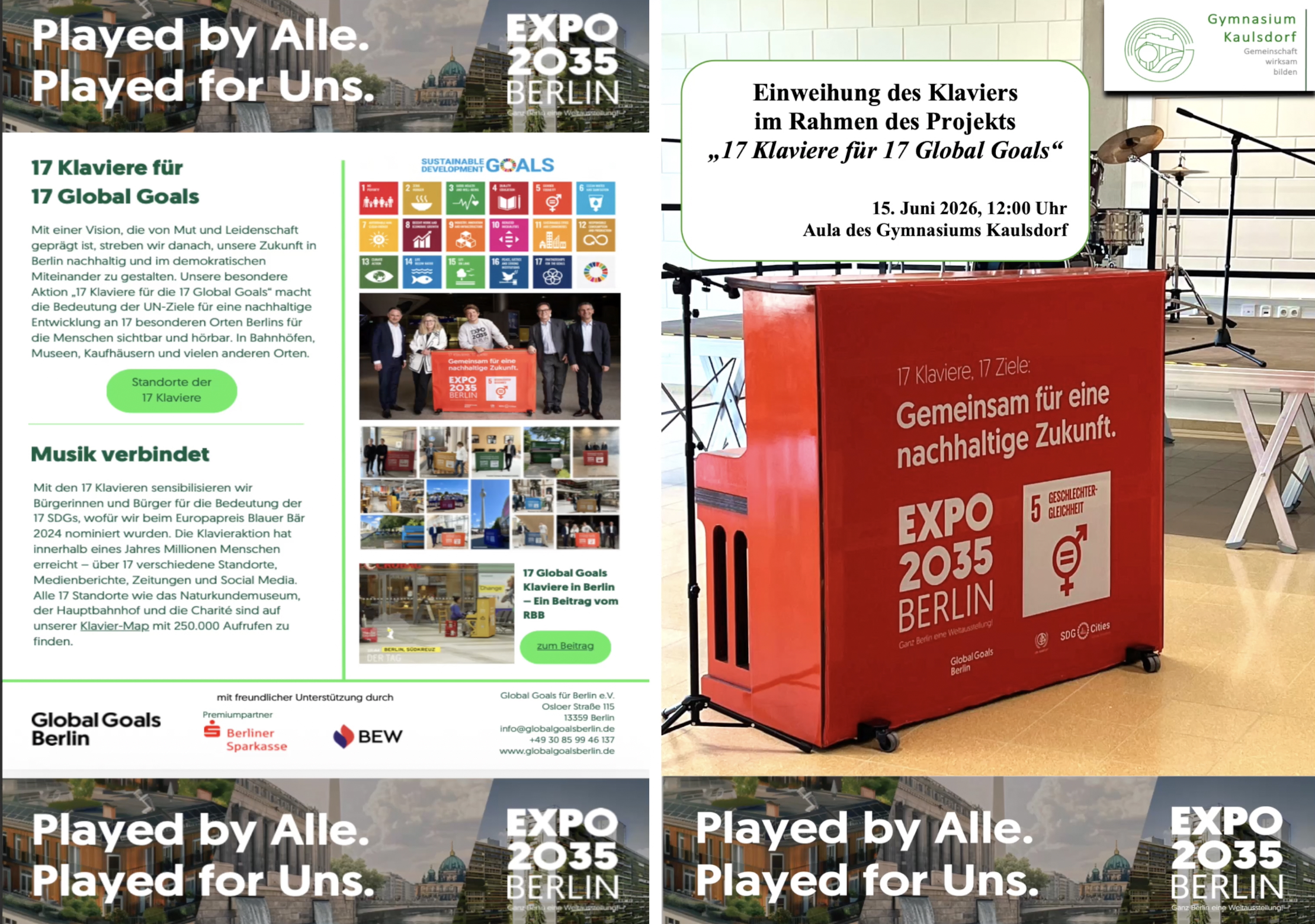Ein Klavier für Begegnung und Nachhaltigkeit – Das Gymnasium Kaulsdorf wird Teil der Initiative „17 Global Goals Klaviere“ und gestaltet als einer der besonderen Orte Berlins den Weg zur EXPO 2035 mit